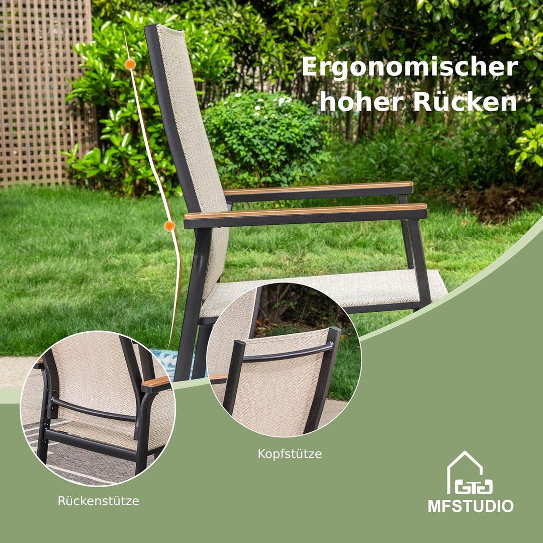 MFSTUDIO Gartenstuhl 4er Set Aluminium, Textilene Balkon Stühle Stapelbar mit Handlauf mit Holzmaser