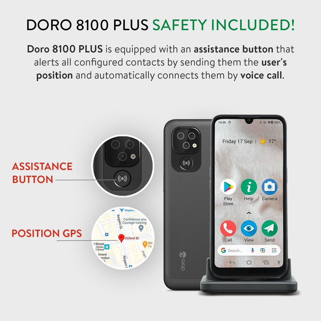 Doro 8100 Plus – 4G entsperrtes Smartphone für Senioren – 13 MP Dreifach-Kamera – wasserfestes Andro