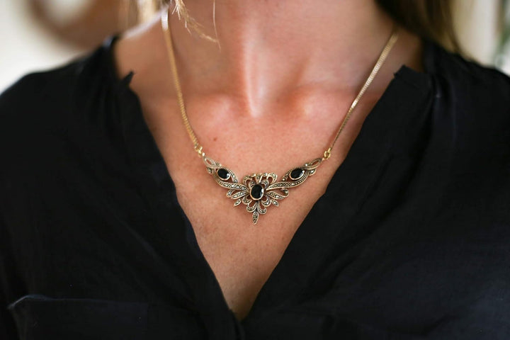 Windalf Mittelalterliches Collier ALADRIA 47 cm Gothic Schmuck Trachtenschmuck mit Onyx Edle Bronze