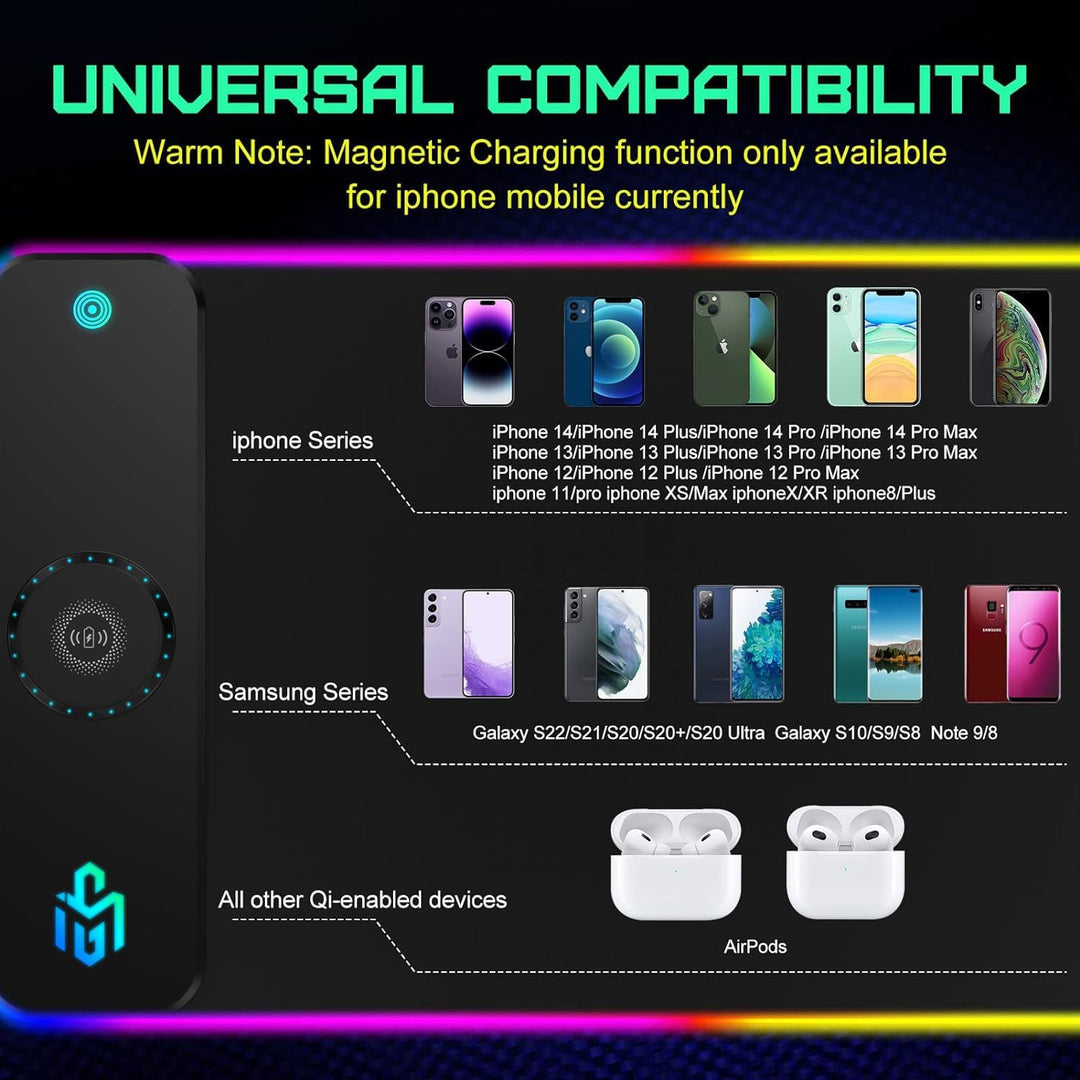 GIM RGB Gaming Magnetisches Mauspad 800x300x4cm mit 15W Schnellladung Qi Kabelloses Laden für I-Phon