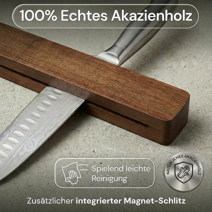 Magnetleiste Messer (41×7 cm) aus edlem aus Akazienholz – Messerhalter magnetisch für schwere Messer