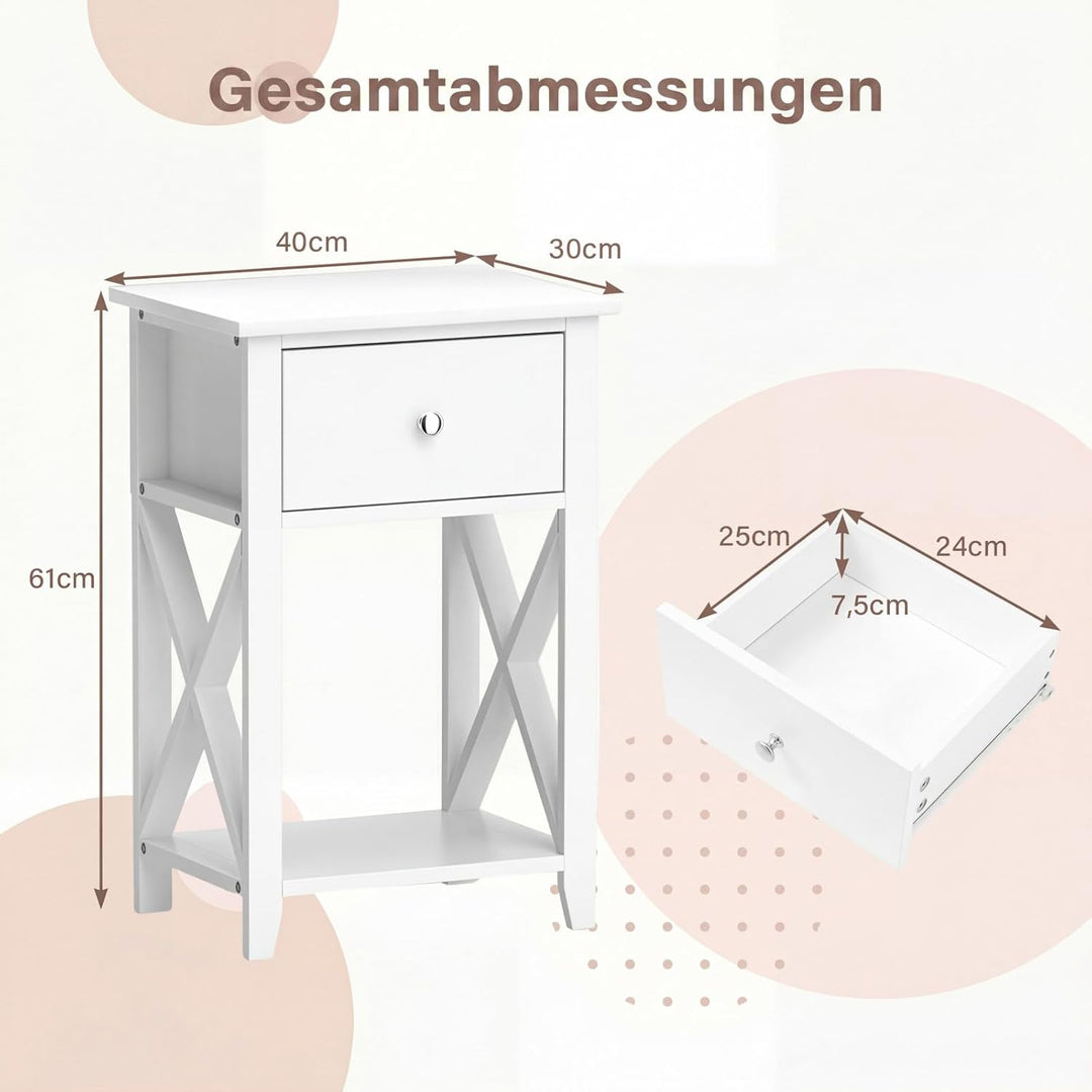 COSTWAY X-förmige Beistelltisch 2er Set, Moderner Nachttisch mit Schublade & unterem Ablagefach, vie