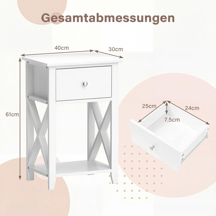 COSTWAY X-förmige Beistelltisch 2er Set, Moderner Nachttisch mit Schublade & unterem Ablagefach, vie