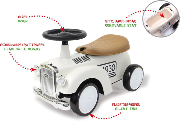 JAMARA 464010 Rutscher Classic Car-Kofferraum unter der Sitzfläche, Flüsterreifen, Scheinwerferattra