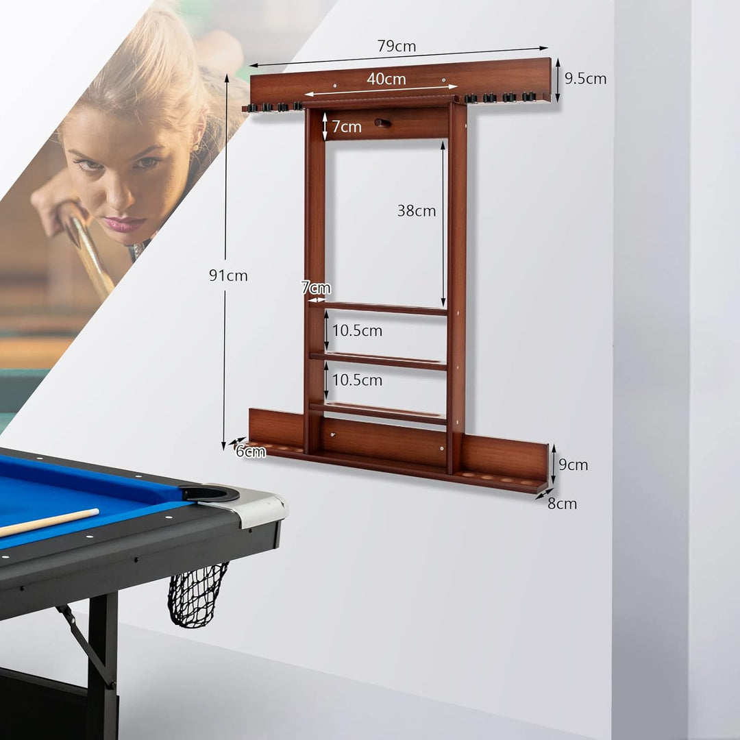COSTWAY Billard Queue Halter Wandmontage, Wandqueuehalter für 8 Queues, 15 Billardkugeln und 1 Balls