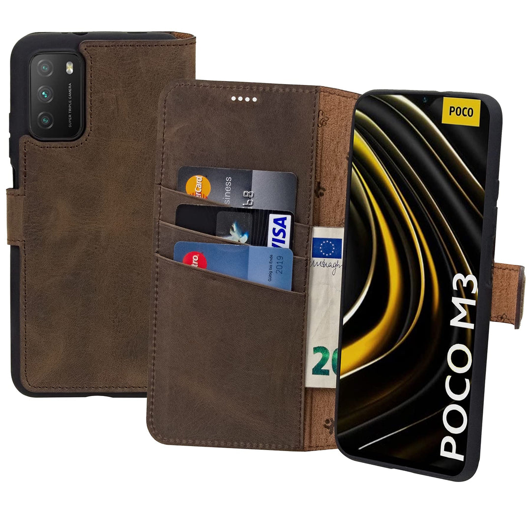 Suncase Book-Style Hülle kompatibel mit Xiaomi Poco M3 Leder Tasche (Slim-Fit) Lederhülle Handytasch