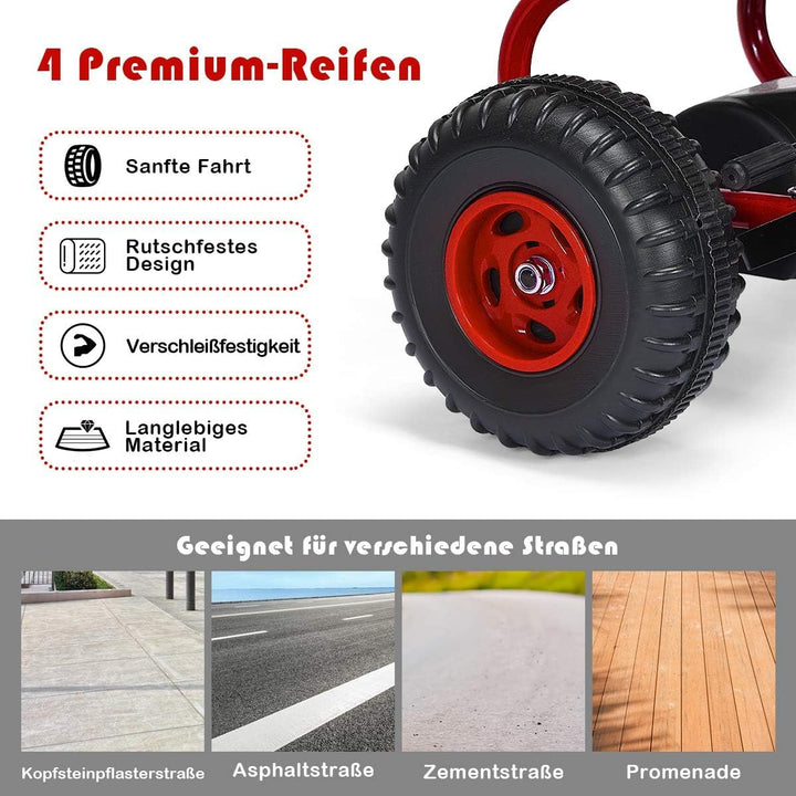 FANTASK Gokart mit verstellbarem Sitz, Go Cart mit Handbremse, Tretauto bis 30 kg belastbar, Kinderf