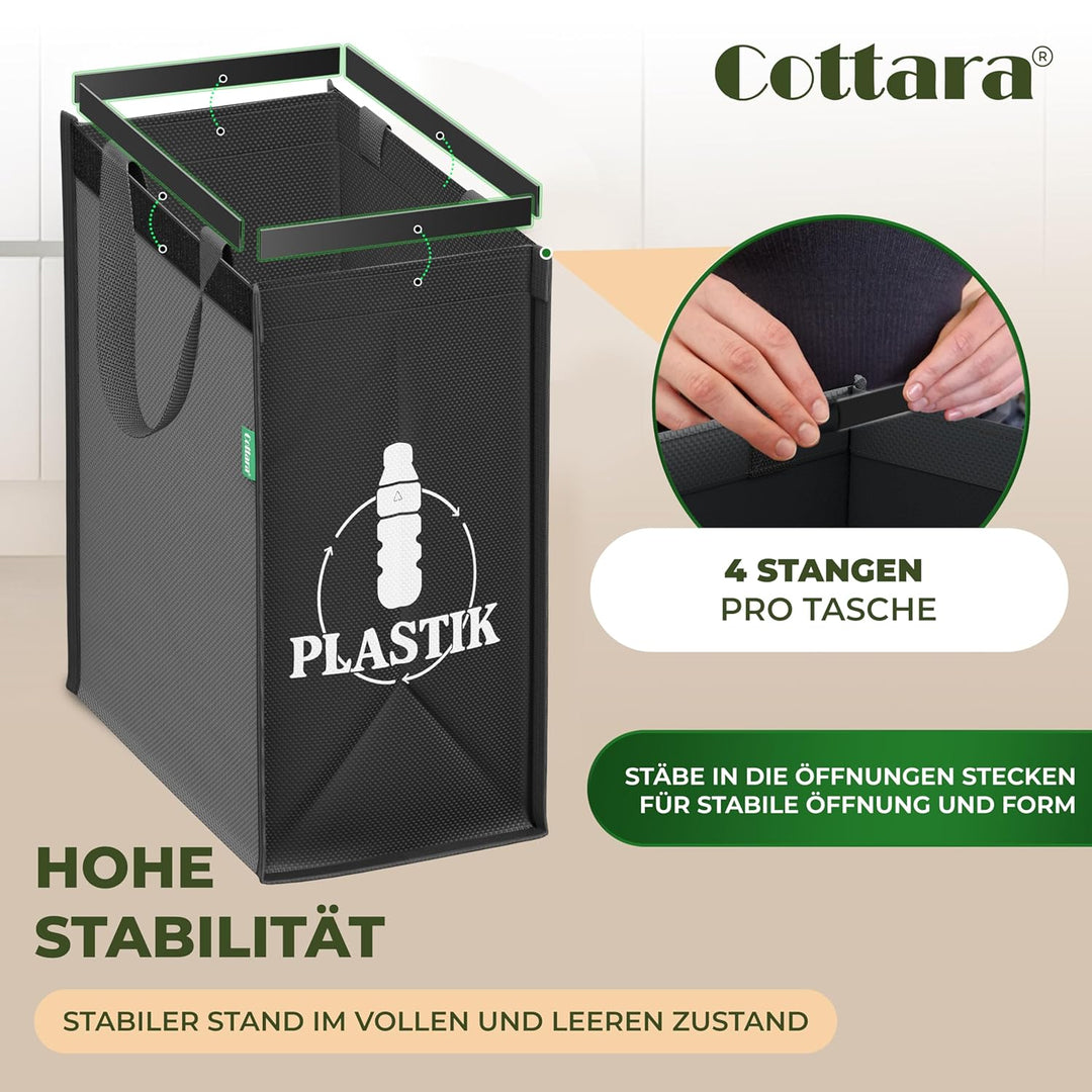 COTTARA® Mülltrennsystem 3fach Plastik, Glas, Papier | Stabiler Stand 4 x Stabilisatoren | Perfekt a