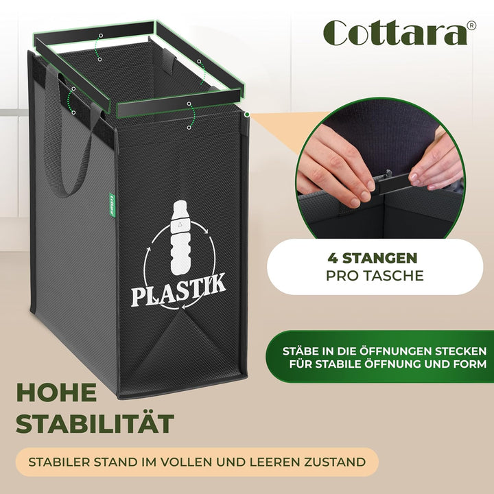 COTTARA® Mülltrennsystem 3fach Plastik, Glas, Papier | Stabiler Stand 4 x Stabilisatoren | Perfekt a