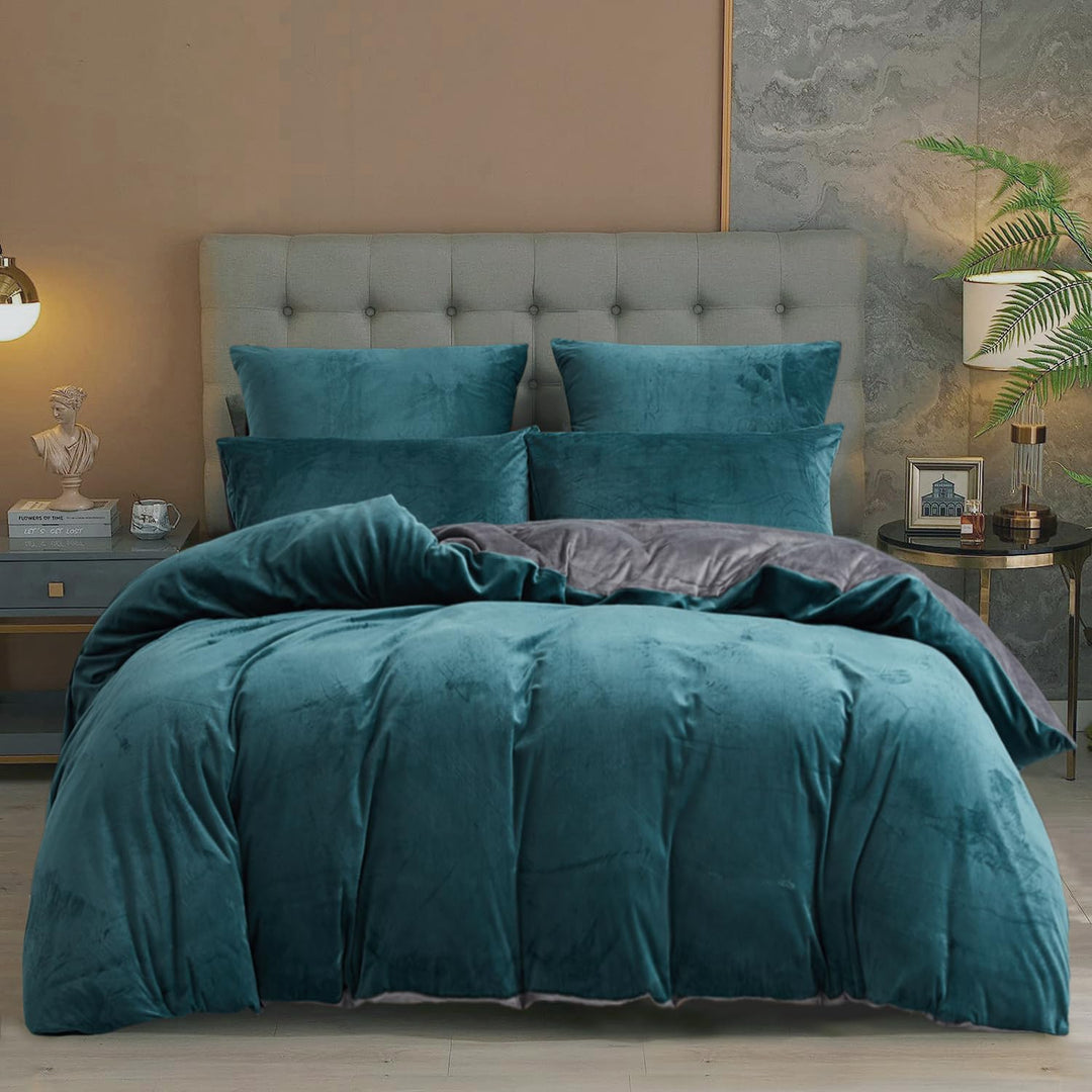 Damier Winter Bettwäsche 220x240cm Petrol Grau Plüsch Warme Bettwäsche Set 3 Teilig Flauschig Bettbe
