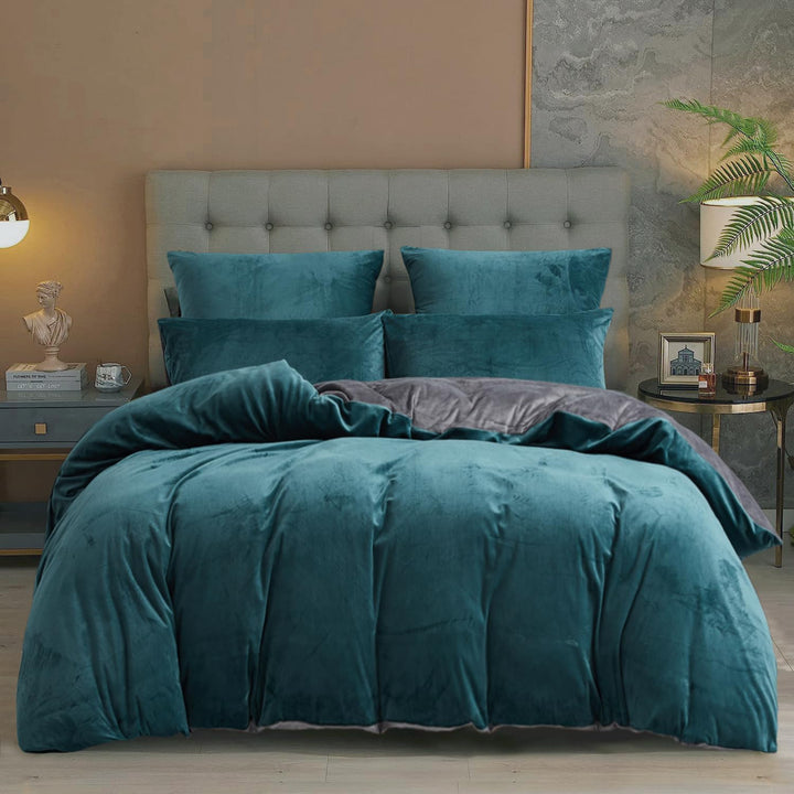 Damier Winter Bettwäsche 220x240cm Petrol Grau Plüsch Warme Bettwäsche Set 3 Teilig Flauschig Bettbe