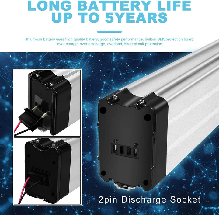 X-go Ebike Batterie, Elektrofahrrad Batterie E-Bike Lithium Batterie Silber Fisch mit Ladegerät, Led