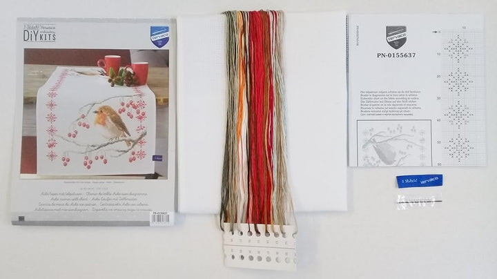 Vervaco Aida Läufer Rotkehlchen Kreuzstichpackung, Weiss, 32 x 84 x 0,3 cm
