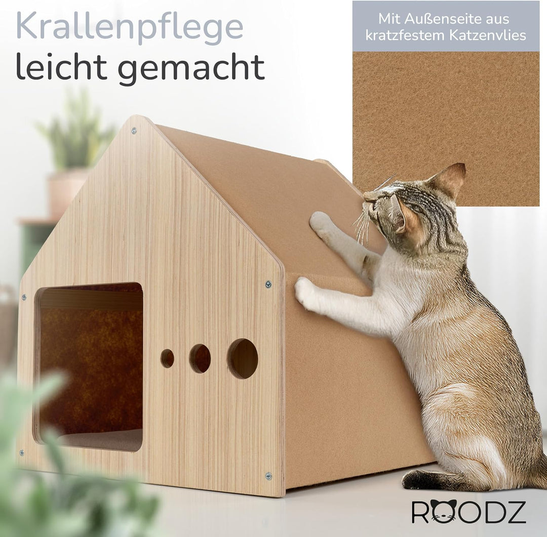 ROODZ 2-in-1 Kratz- & Loungehöhle für Katzen – Echtholz & Kratzvlies – Gemütliche Katzenhöhle Beige,