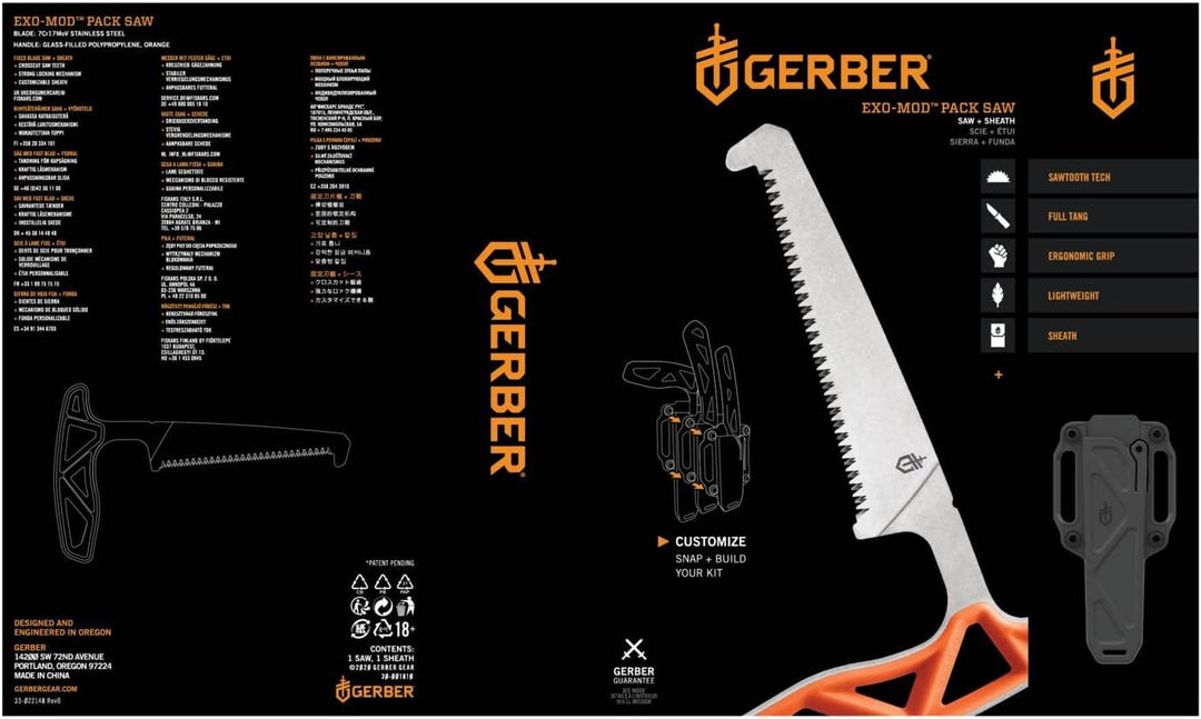 Gerber Knochensäge mit Scheide, Sägeblattlänge: 10,8 cm, Exo-Mod Saw, Klingenmaterial: 7Cr17MoV, Ora