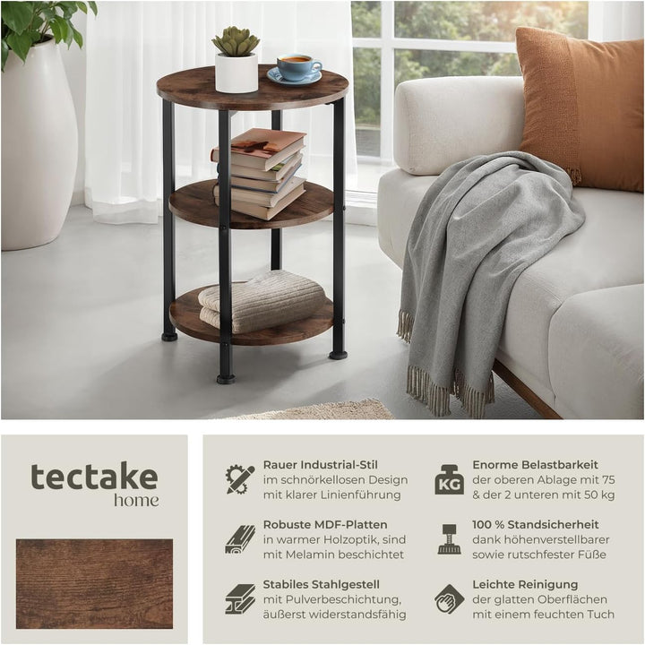 tectake Beistelltisch rund aus Holz und Metall, Industrie-Design, Couchtisch mit 3 Ebenen, für Wohnz
