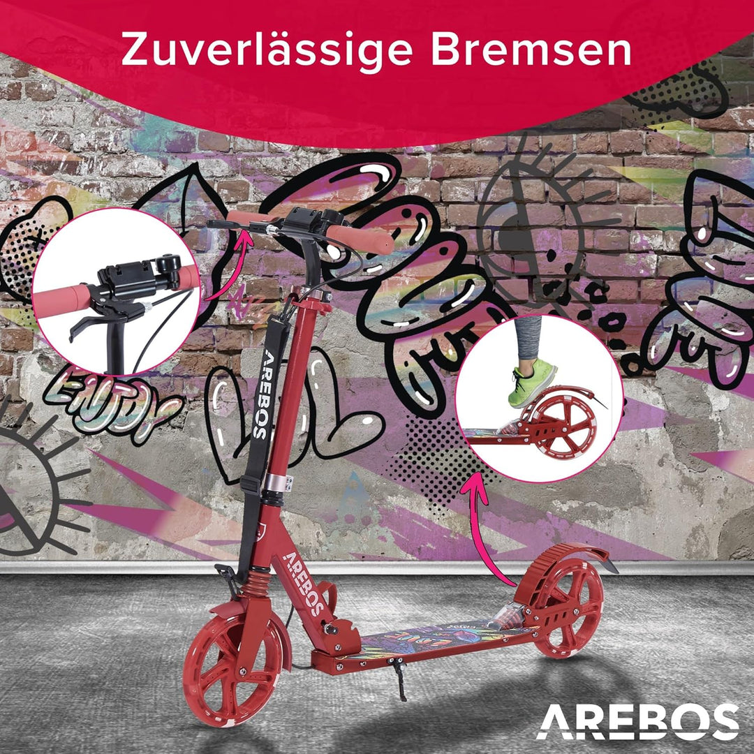 Arebos Cityroller Tretroller mit LED | höhenverstellbar | klappbar | inkl. Tragegurt | Hand- & Tritt