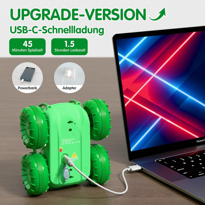 Direktladung Ferngesteuertes Auto Amphibisches mit USB-C, LED-Licht, 360° Stunt Flip,15 km/h 4WD für