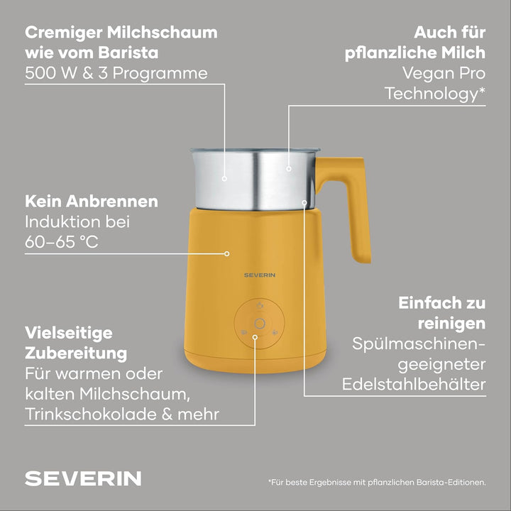 Severin Induktions-Milchaufschäumer, elektrischer Milchschäumer mit Edelstahlbehälter, kaltes und wa