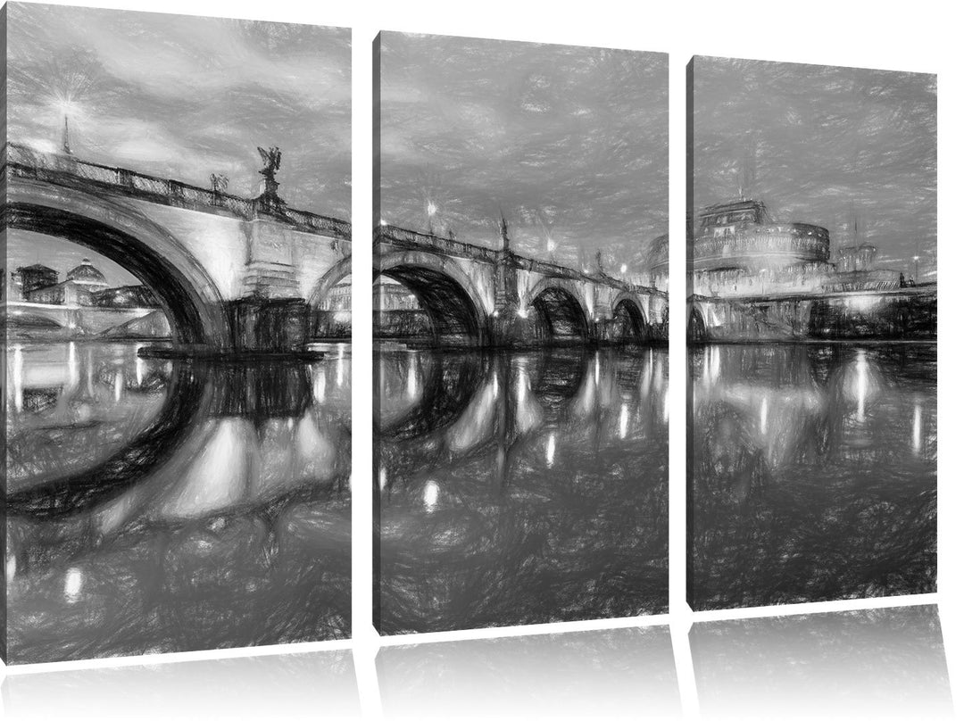 Pixxprint Nachtansicht von S. Angelo-Brücke Kunst Buntstift Effekt 3-Teiler Leinwandbild 120x80 Bild