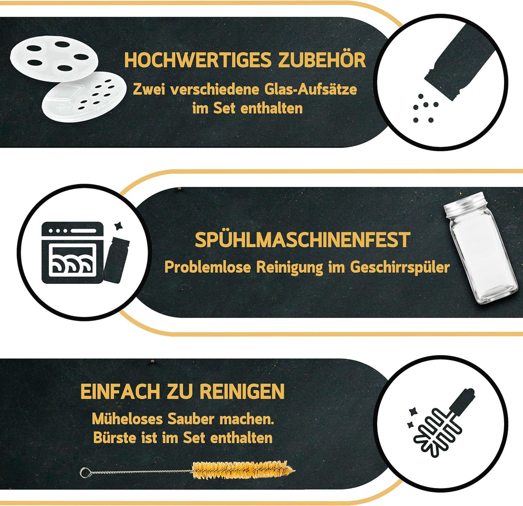 Cuccinara® Gewürzgläser Set [Eckig - 24 Stk. I 120ml - 10,5cm x 4,3cm] mit Gewürzetiketten, Streuein
