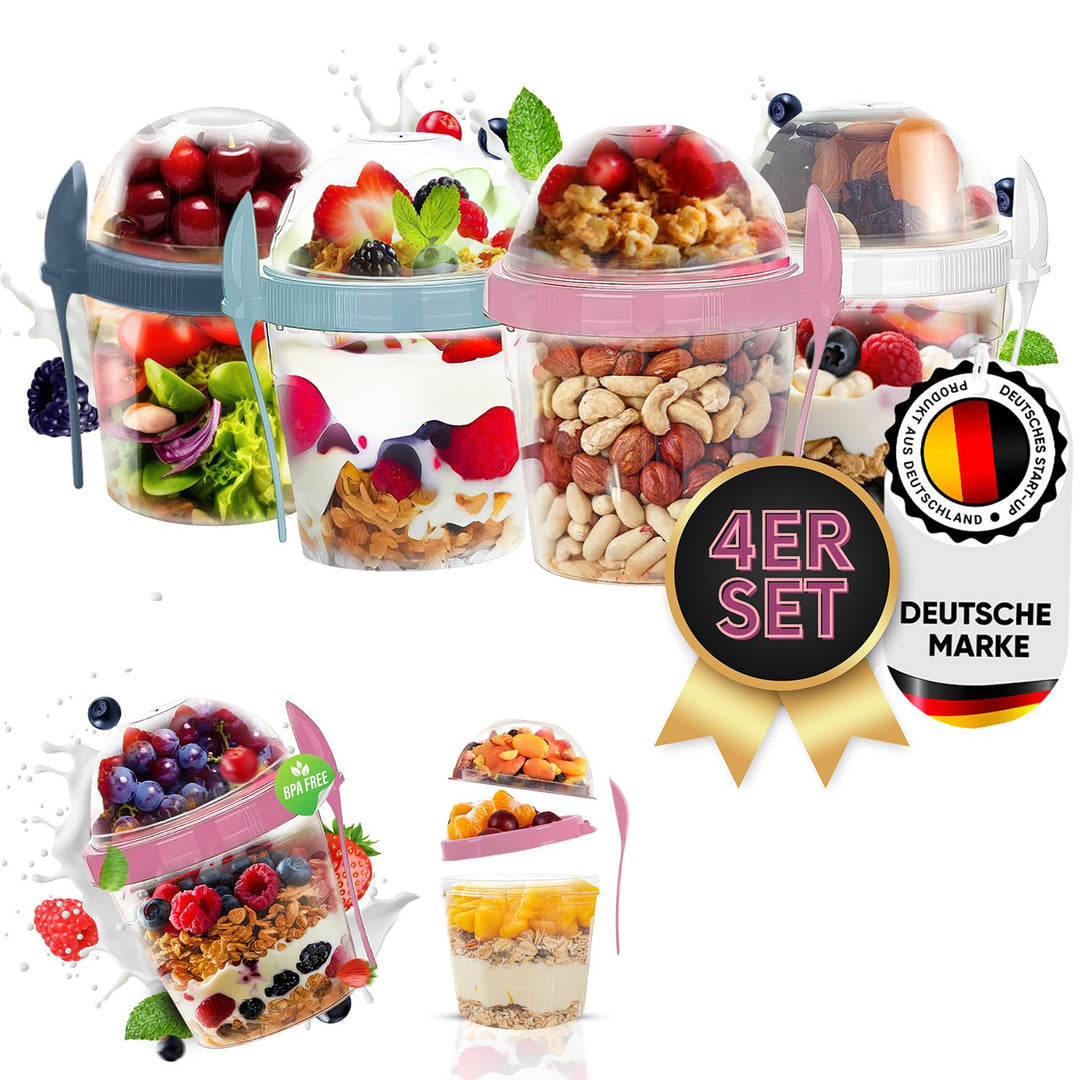 4er Set Müslibecher to go mit Löffel - 500 ML - 2 Kammern Joghurtbecher to go - Praktischer Müsli to
