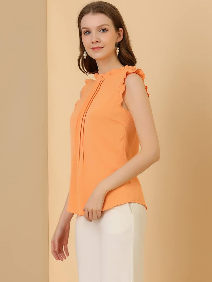 Allegra K Damen Plissee Oberteil Ärmellos Shirt Rundhals Elegante Rüschen Top Bluse XL Orange, XL Or