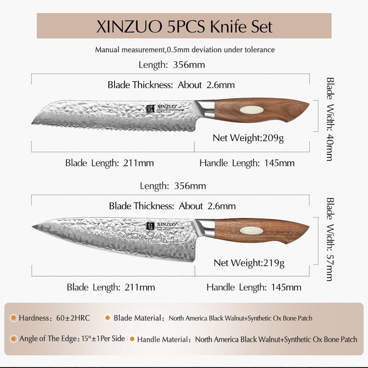 XINZUO AUS-10 Damaststahl Küchenmesser Set 5er, Japanischer Stahl Messerset Profi Hammerschlagoberfl