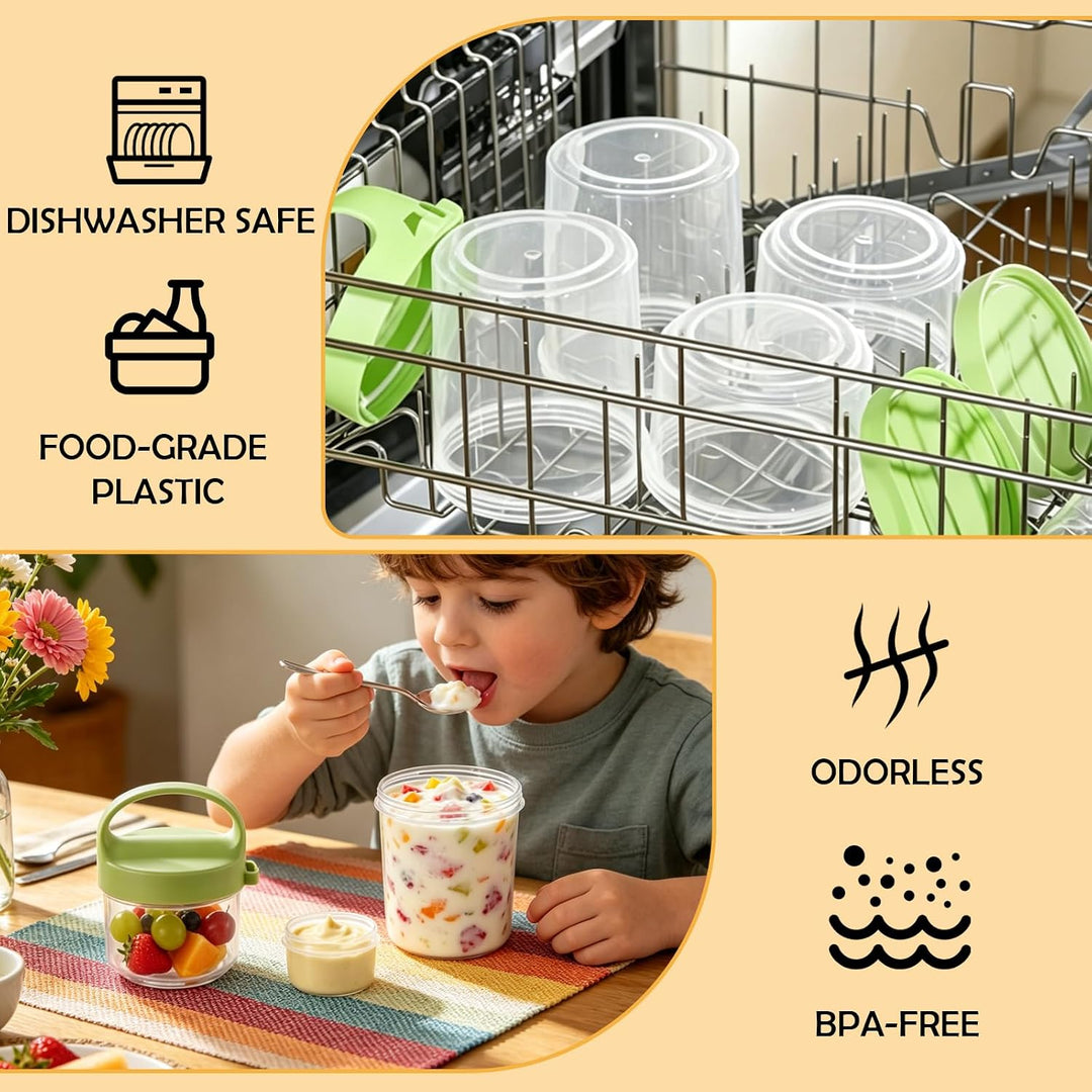 AKOLAFE 4er Set Müslibecher To Go in 4 Farben, Joghurtbecher mit Löffel und Dressing-Becher, 22,3x9,