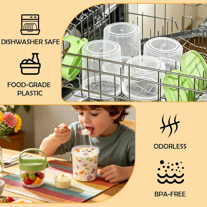 AKOLAFE 4er Set Müslibecher To Go in 4 Farben, Joghurtbecher mit Löffel und Dressing-Becher, 22,3x9,