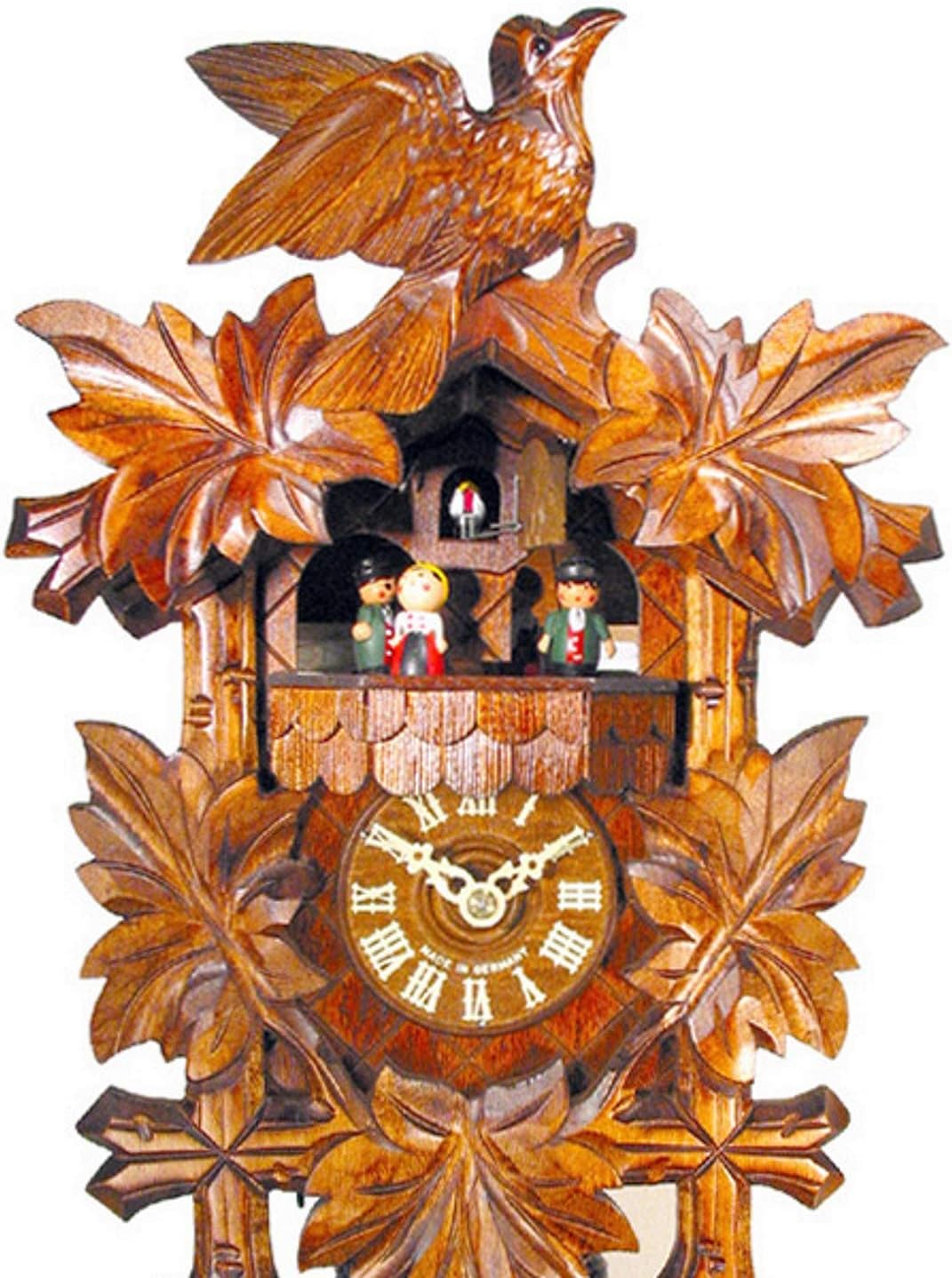 Kuckucksuhr Schwarzwald Kukus-Uhr mechanisch 1-Tag-Werk, 1 Vogel & 5 Ahorn-Blätter Musik Tanz-Figure
