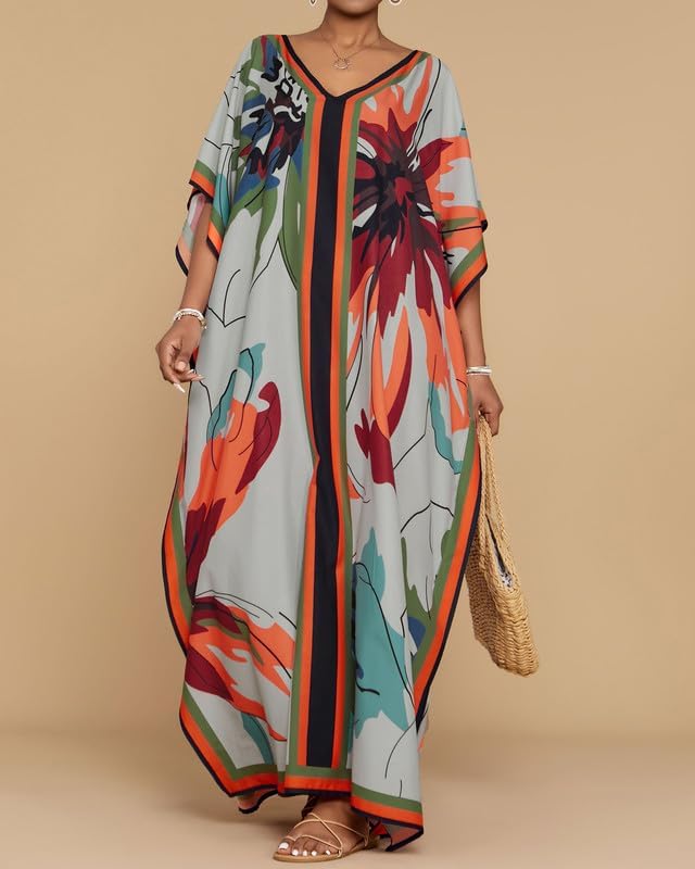 Bsubseach Damen Kaftan Kleider Batwing Sleeve Strandkleid V-Ausschnitt Caftan Maxi Kleid Sommer Blau