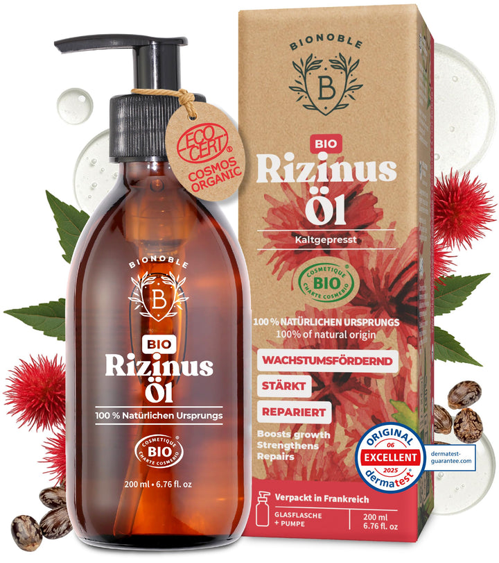 Bionoble Rizinusöl Bio 200ml - 100% Rein, Natürlich und Kaltgepresst - Wimpern, Augenbrauen, Haare,