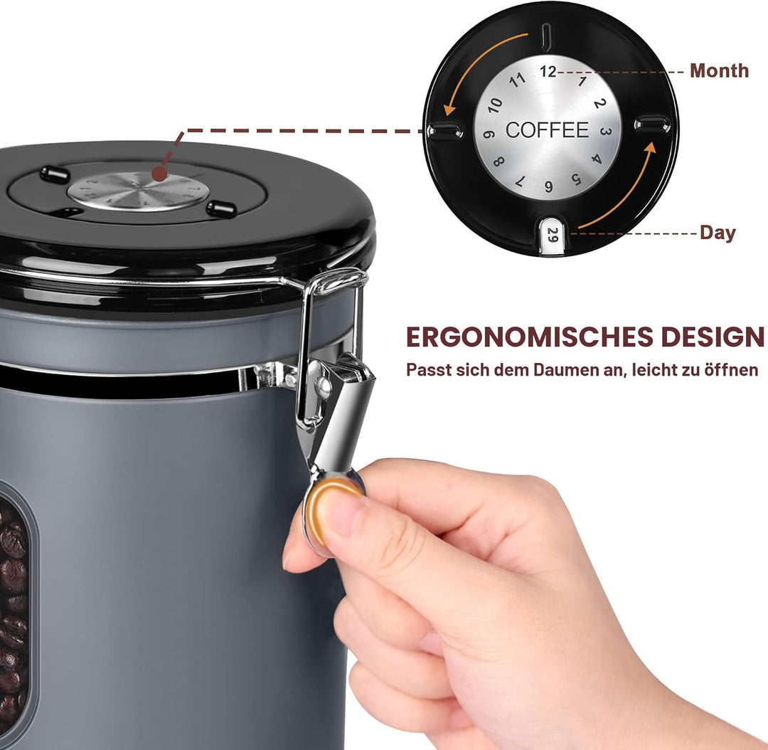 ROCKY&CHAO Kaffeedose Luftdicht aus Edelstahl 1,8L Kaffeebhnen Behälter 600g Vorratsdose für Tee Nüs