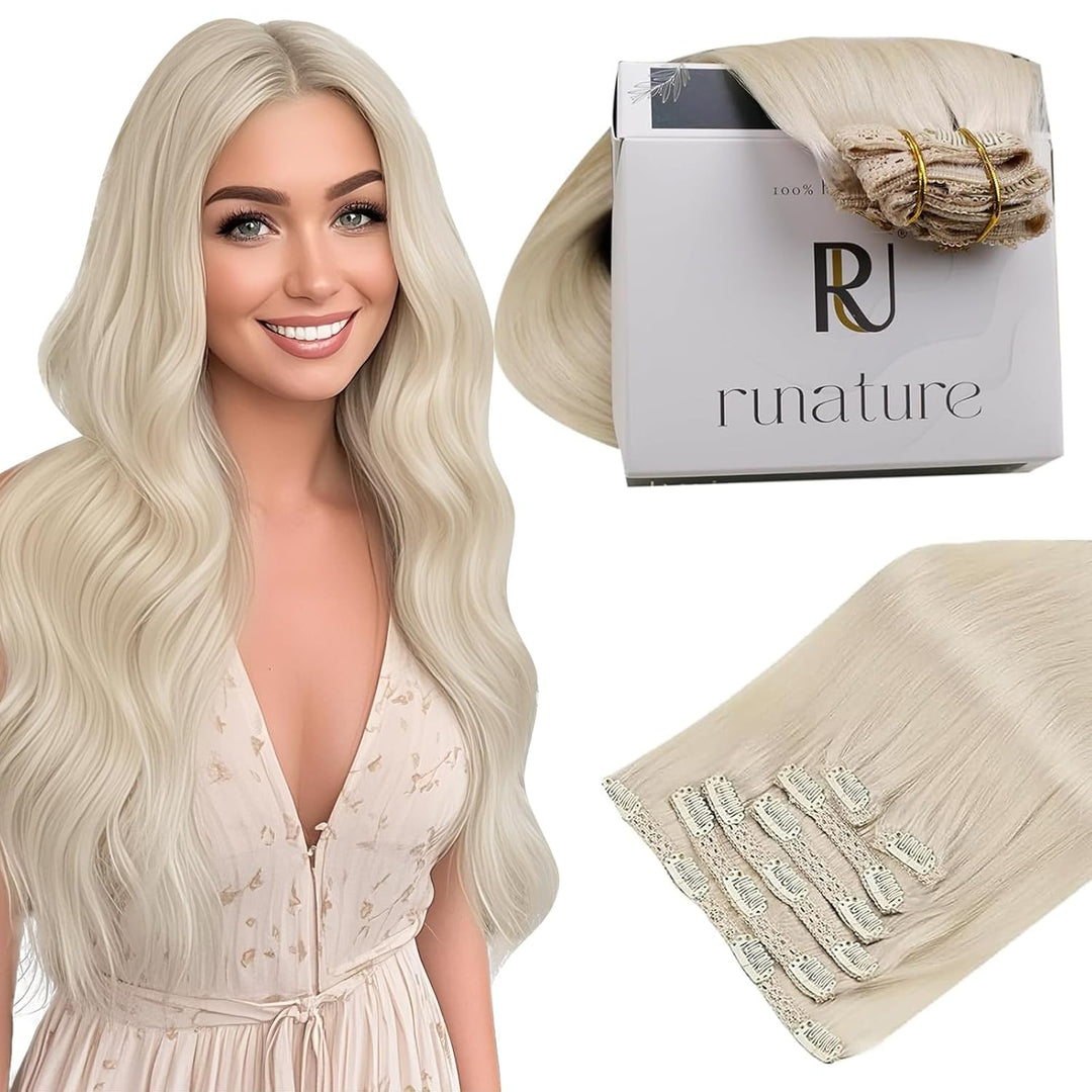 RUNATURE Blond Echthaar Clip in Extensions Weiss Blond Gerade Haarextensions Clip in Remy Haar Exten