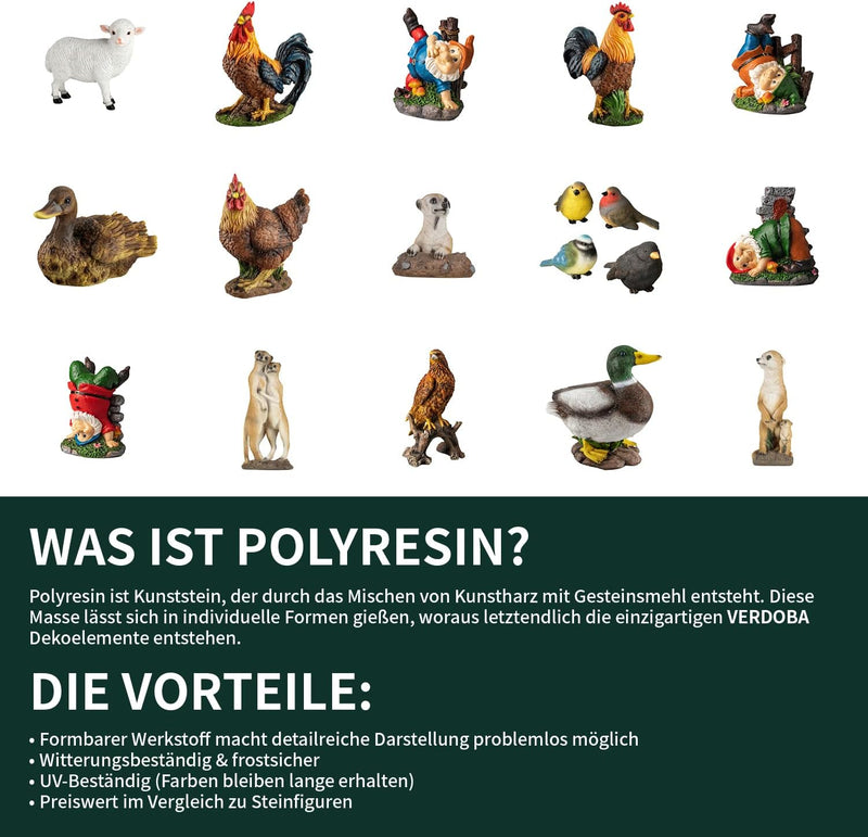 VERDOBA Gartendekoration Ente aus Kunstharz handbemalt - Gartenfiguren für aussen & Wintergarten Dek