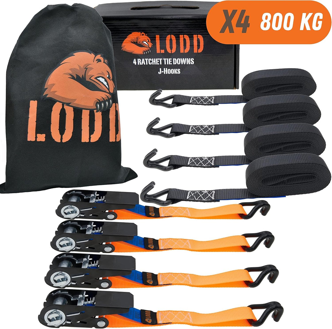LODD – 4 Ratschen-Zurrgurte 4 m × 25 mm, 800 kg Belastbarkeit, kunststoffbeschichtete J-Haken, EN 12