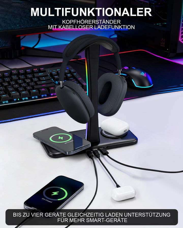 3 in 1 RGB Gaming Kopfhörerständer mit 15W kabellosem Ladegerät Wireless Charging, Headset Halterung