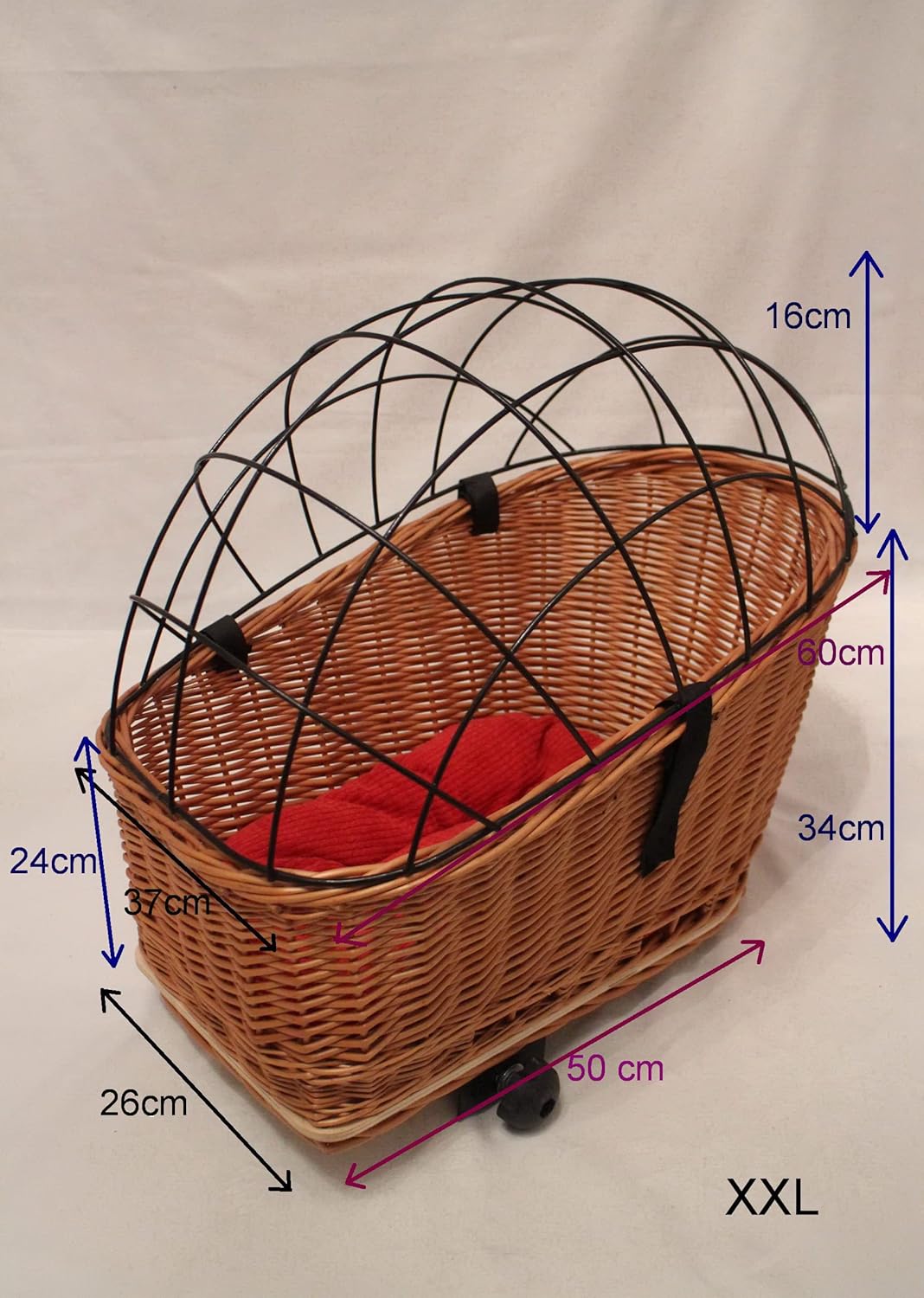 Hundefahrradkorb für Gepäckträger aus Weide mit Metallgitter Natur XL oder XXL Gepäckträgerkorb (XXL