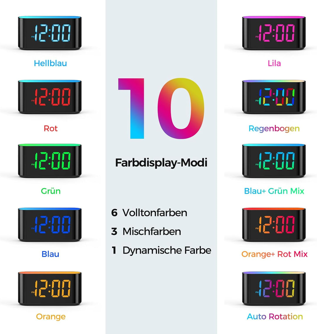 DOUMOSH Wecker Kinder mit Nachtlicht, RGB Nachtlicht, 0-100% Helligkeitsdimmer, Farbenfroh Display,