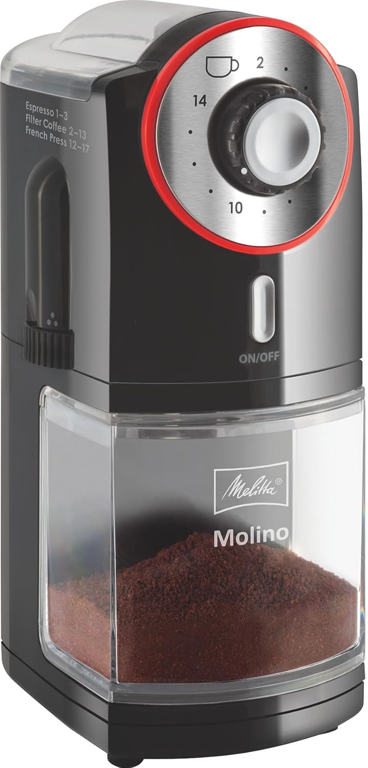 Melitta Molino Kaffeemühle, 1019-01, Elektrische Kaffeemühle, flache Mahlscheibe, Schwarz/Rot, CD -
