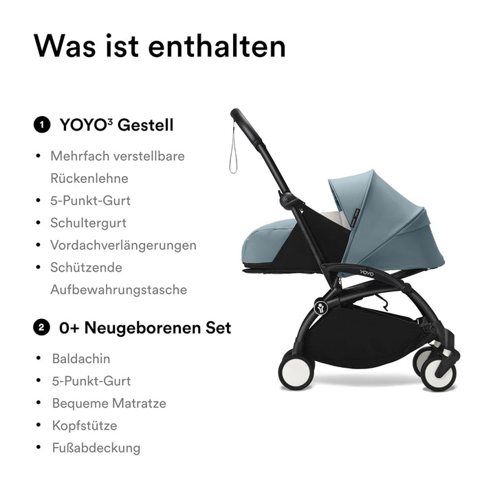 Stokke YOYO3 Gestell (Schwarz) mit 0+ Neugeborenen Set (Aqua) - Inklusive Matratze, Fünfpunktgurt, a