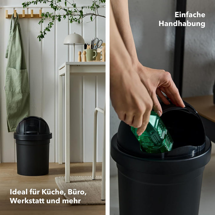 Rotho Roll Bob runder Mülleimer mit Deckel 10l, Kunststoff, schwarz, 10 l (26,5 x 26,5 x 39,5 cm) 10