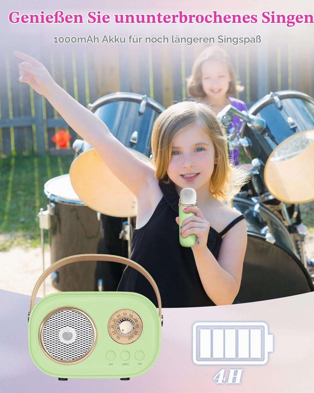PRUNUS Karaoke Maschine Kinder mit 2 Mikrofonen, Mini Karaoke Set mit Stereosound und Heavy Bass für
