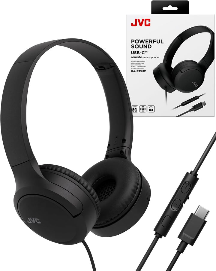 JVC HA-S33UC-B USB-C On-Ear-Kopfhörer, weiche Ohrpolster, faltbar, mit Mikrofon & 3-Tasten-Fernbedie