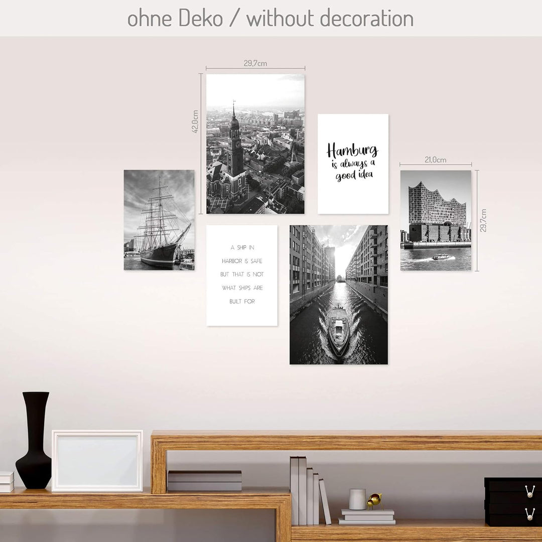 Poster-Set | Hamburg | 6 Bilder Deko Wohnzimmer Modern Schlafzimmer Bild für Ihre Wand - optional mi