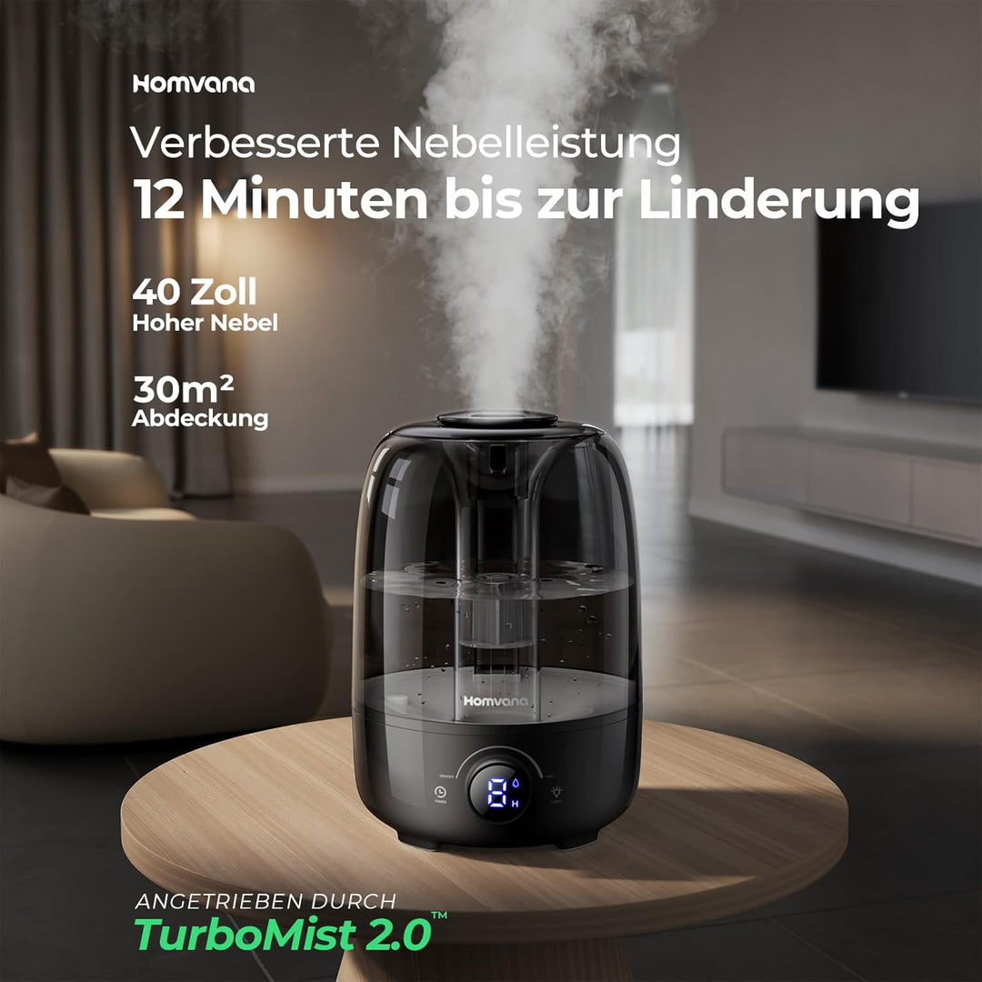 Homvana Luftbefeuchter Schlafzimmer Humidifier - 4L Topfill Cool Mist Raumbefeuchter 40H Runtime, Di