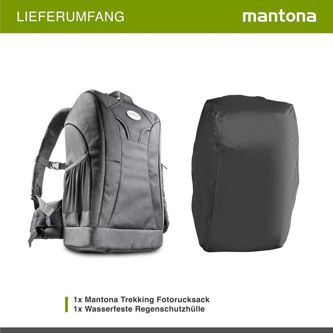 Mantona Trekking Fotorucksack – DSLR Kamerarucksack Kameratasche mit Regenschutz Schwarz Trekking Ru