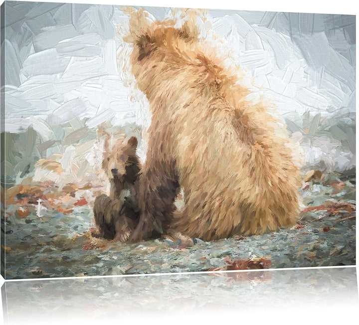 Pixxprint Bär mit Baby nach dem Baden / 100x70cm Leinwandbild bespannt auf Holzrahmen/Wandbild Kunst