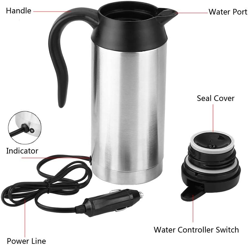 Jadeshay Auto Wasserkocher Edelstahl 12V für Auto, 750ML Reisewasserkocher mit Zigarettenanzünder, C
